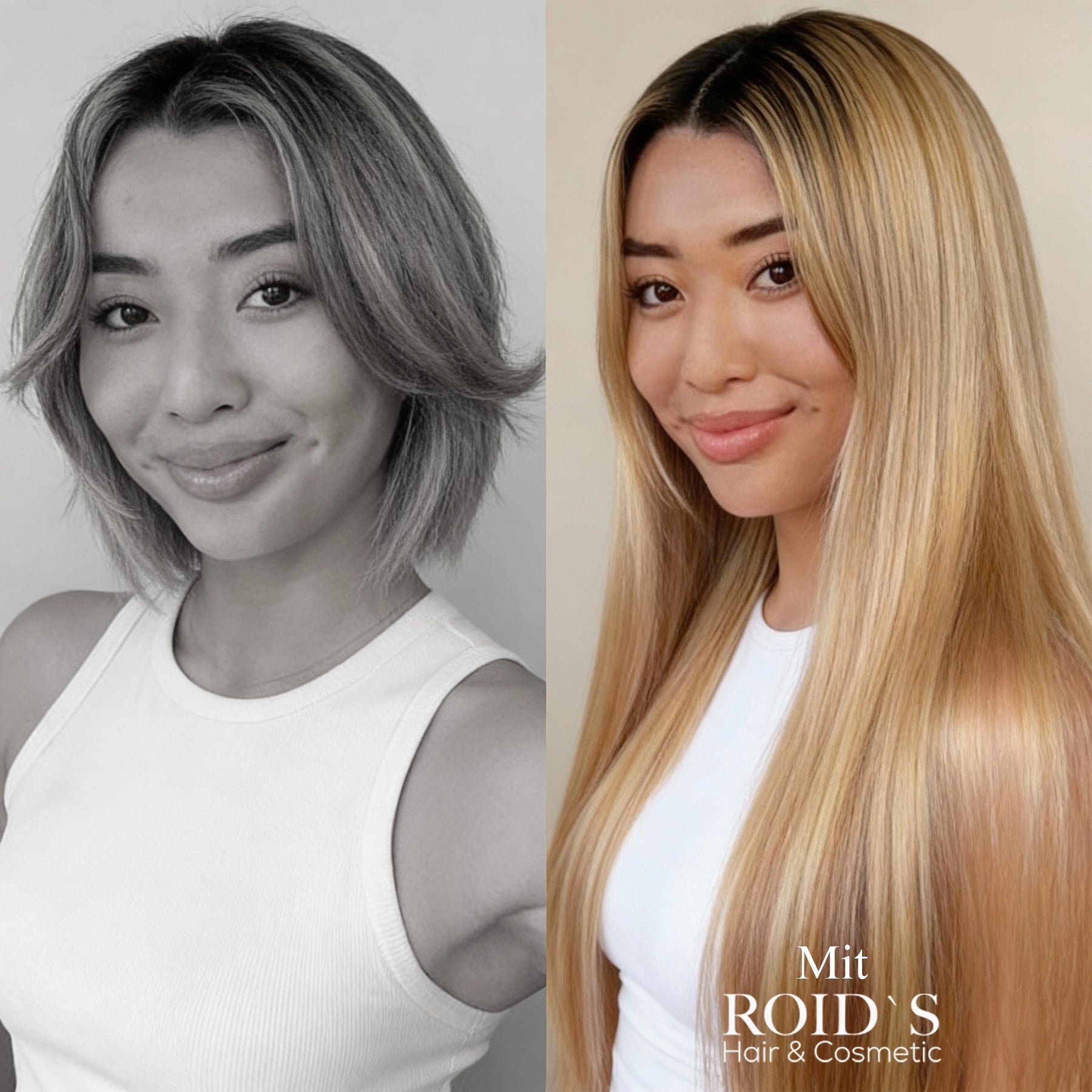 Vorher-Nachher-Vergleich einer Frau mit kurzen und langen blonden Echthaar Extensions